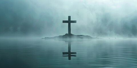 Naklejka premium Solitary Cross Over Misty Water at Dawn