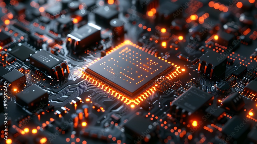 Poster computer chip with red light.