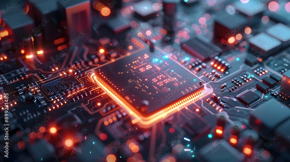 Poster computer motherboard with cpu chip and glowing lights.