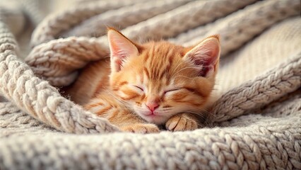 Red kitten peacefully sleeping on a cozy blanket , kitten, red, sleeping, peaceful, cute, adorable, cozy, blanket, comfort