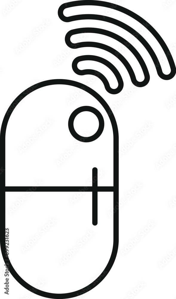 Poster line art icon of a wireless computer mouse transmitting a signal