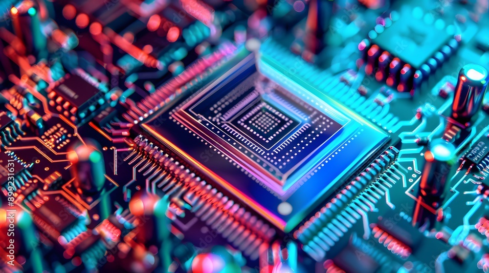 Poster closeup of a computer chip on a circuit board.