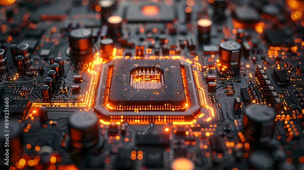 Poster glowing circuit board with cpu.