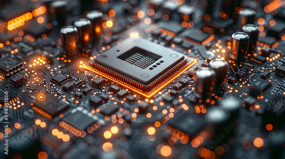 Poster close up of a cpu on a circuit board with orange lights