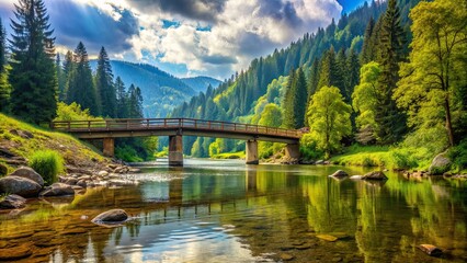 Serene landscape of a bridge over a river in the Apuseni Mountains forest, tranquil, scenic, nature, Romania