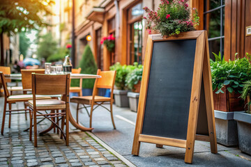 Empty blackboard menu stand in front of a cozy cafe, awaiting daily specials and menu offerings to be scribbled on its blank slate surface.