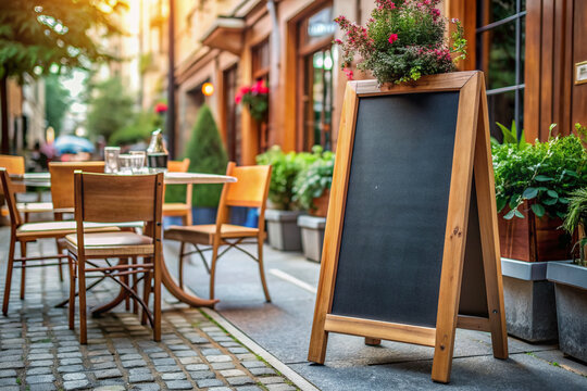 Empty blackboard menu stand in front of a cozy cafe, awaiting daily specials and menu offerings to be scribbled on its blank slate surface.