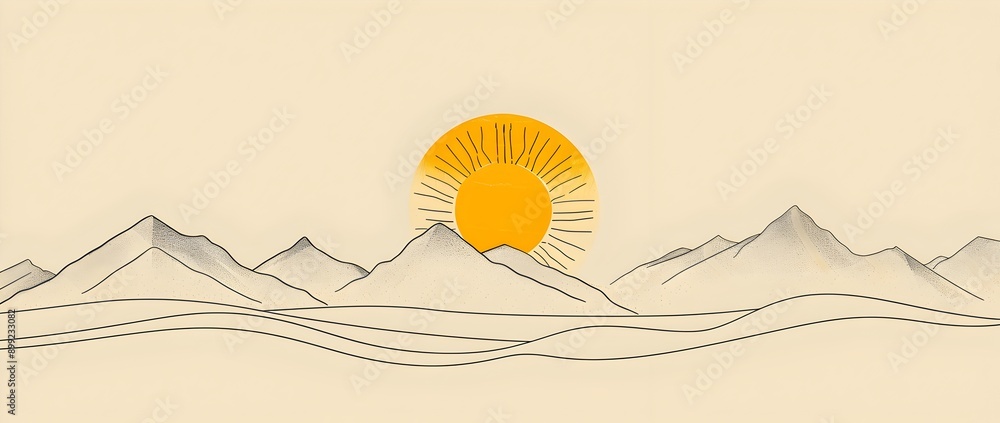 Poster a yellow sun is setting behind the mountains in a simple line drawing illustration using vector line