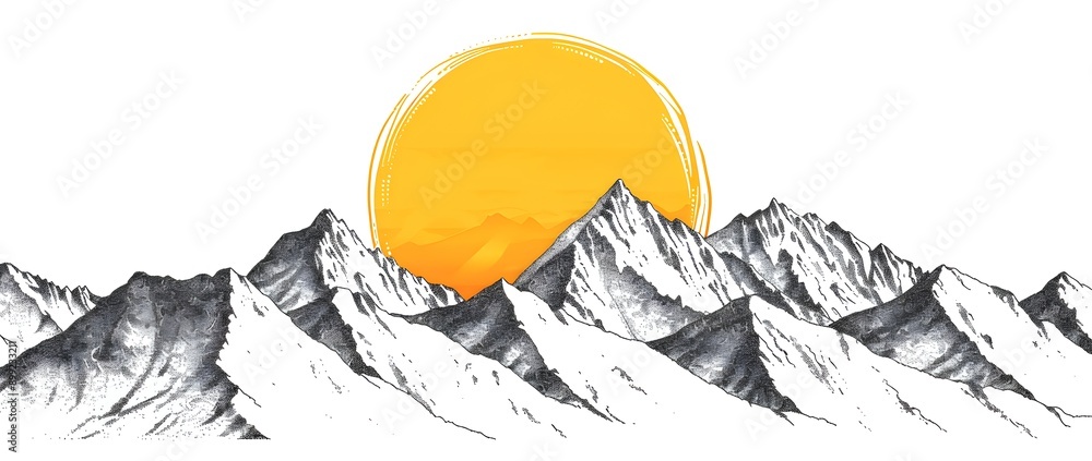 Poster a yellow sun is setting behind the mountains in a simple line drawing illustration using vector line
