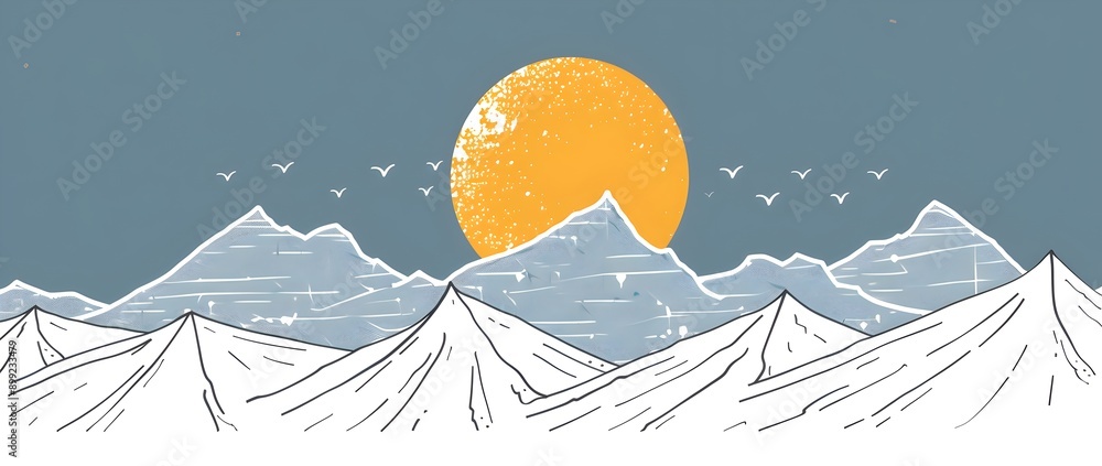 Poster a yellow sun is setting behind the mountains in a simple line drawing illustration using vector line
