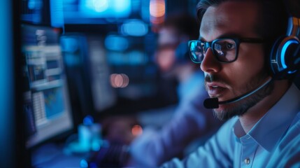 Man wearing headset working in darkened office with multiple screens