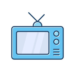 Old school television vector icon, blue color design on white background.