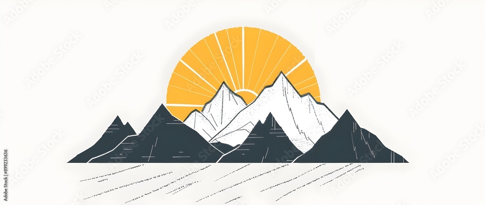 Poster a yellow sun is setting behind the mountains in a simple line drawing illustration using vector line