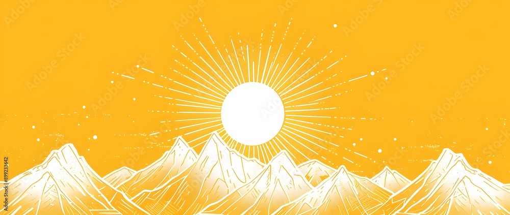 Poster a yellow sun is setting behind the mountains in a simple line drawing illustration using vector line