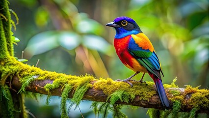 Obraz premium A colorful bird perched on a branch in a lush forest setting, bird, wildlife, nature, feathers, wings, tree, foliage