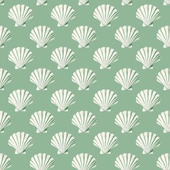 Seamless pattern of white shells on a green background, pastel tones, minimalism, vintage style, light color palette with muted green and white
