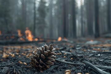ai generative Pine tree seeds in burned forest soil