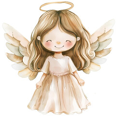 watercolor angel with light brown hair clip art, white background, soft beige dress, pastel colors, children's book illustration style
