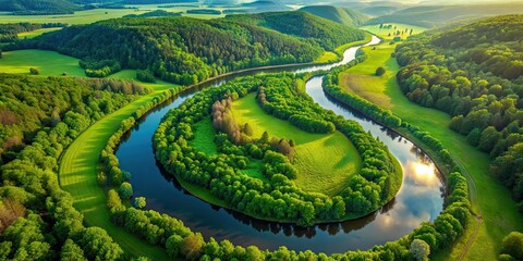 Aerial view of a winding green river cutting through a lush landscape, river, aerial, view, green, nature