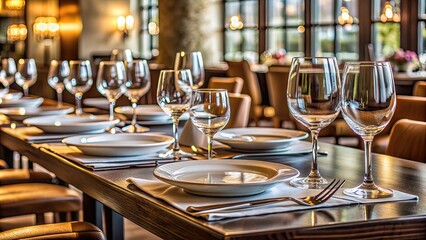 Restaurant table setting with elegant plates, silverware, and glassware , fine dining, elegant, formal, tableware