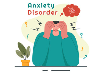 Vector Illustration of Anxiety Disorder Featuring a Frustrated Person, Nervousness, and Confusion on a Depression or Mental Health Flat Background