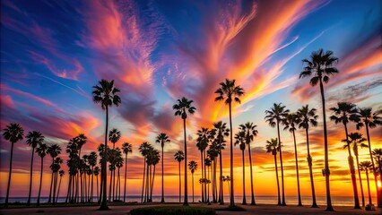 Stunning California sunset with rows of palm trees silhouetted against vibrant sky in Santa Barbara, USA