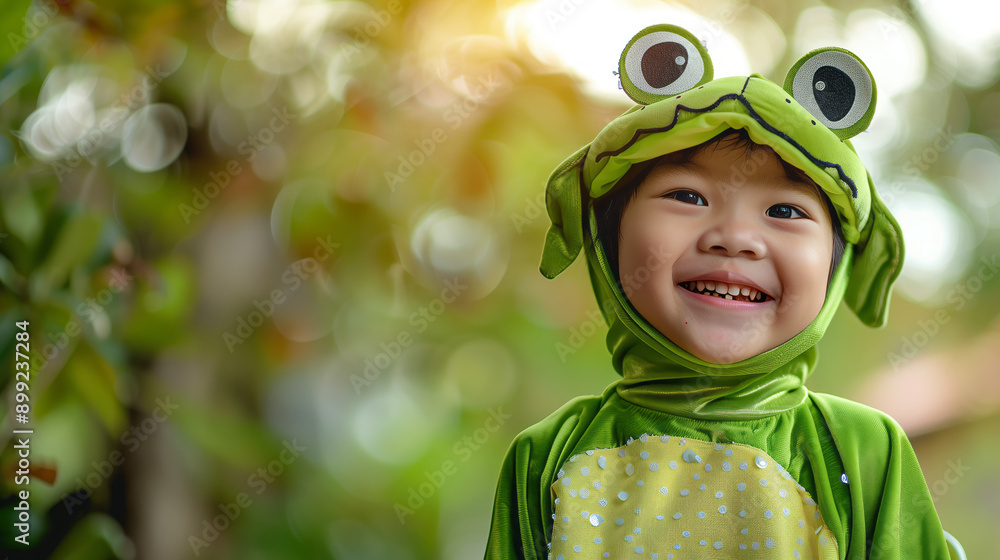 Poster playgroup boy kid wearing a dress like a frog for competition