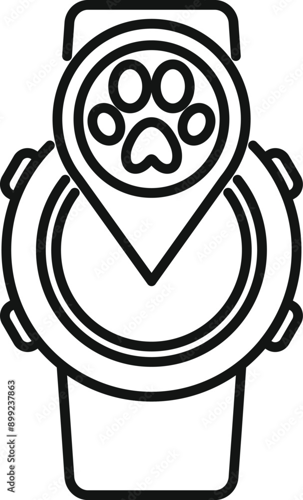 Poster line drawing of a smart watch showing the location of a pet with a paw print icon