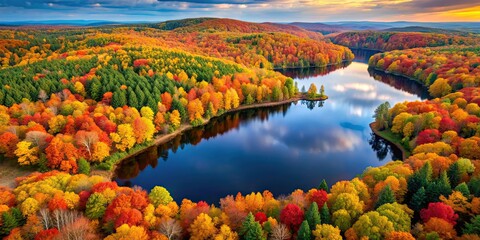 Naklejka premium Aerial view of a colorful autumn forest by a lake, autumn, forest, trees, foliage, leaves, lake, water, aerial view, drone
