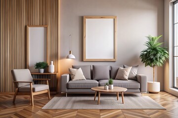 Modern living room interior design with wooden accents and gray sofa.