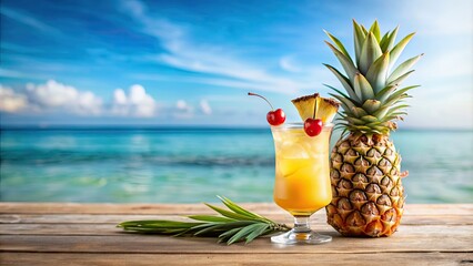 Refreshing tropical cocktail with pineapple slice and cherry, ideal for summer parties and beach getaways, beverage