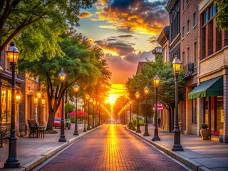 Vibrant hues of sunset cast a warm glow on a serene city street, empty sidewalks stretch out, capturing the essence of a carefree summer evening stroll.