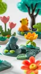 Obraz premium A close up view of a delightful array of colorful preschool toys arranged in a tranquil garden setting against a pure white background with crisp studio lighting and high definition focus 