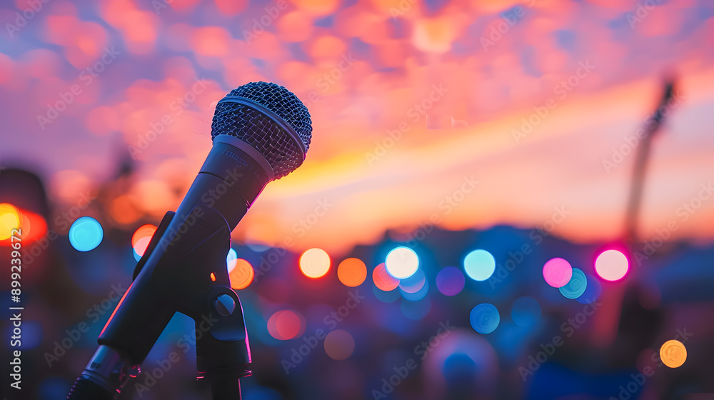 Poster close up view of a microphone standing on a stage in sharp focus with a blurred cheering crowd in th