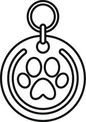 Round pet tag with paw print hanging on ring is showing its belonging to an animal
