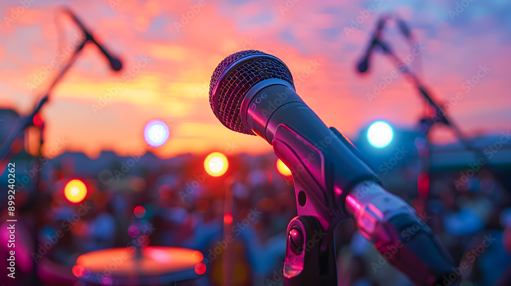 Poster close up photograph of a microphone on stage sharp focus with a blurred cheering crowd in the backgr