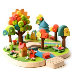 Obraz premium Close up of Skill Building Wooden Toys Arranged in a Tranquil Garden Setting Isolated on a Pure White Background with High Definition Studio Lighting and Crisp Focus