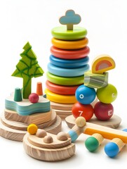 Closeup of a collection of colorful stacked wooden developmental toys in a tranquil garden setting isolated on a pure white background with crisp studio lighting and focus 