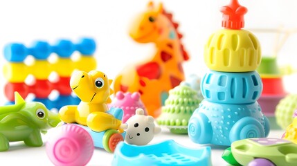 Obraz premium Colorful array of baby and toddler toys including plush animals geometric shapes and educational blocks in a tranquil garden setting isolated on a pristine white background with high definition 