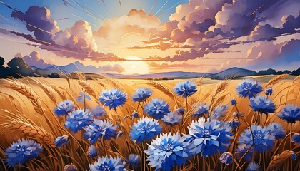 Cornflowers in a field with sunset and clouds