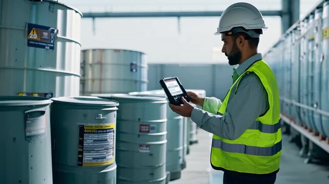 A man assessing chemicals, drums, and oil stock barrels for the company