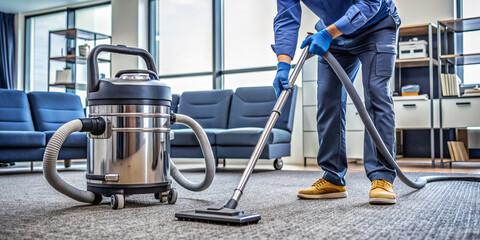Industrial vacuum cleaner sits on office carpet, equipped with various attachments, showcasing expert rug care and commercial cleaning service in a professional office environment.