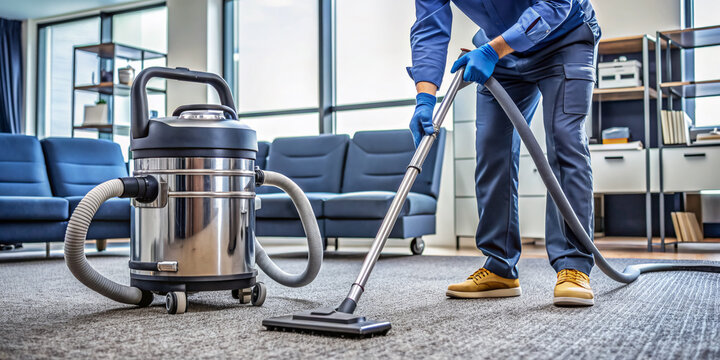 Industrial vacuum cleaner sits on office carpet, equipped with various attachments, showcasing expert rug care and commercial cleaning service in a professional office environment.