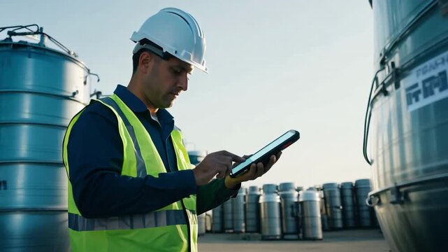 A man assessing chemicals, drums, and oil stock barrels for the company