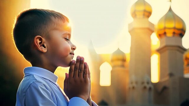 Muslim boy in a mosque, worshiping and offering prayers for Eid al-Fitr and fasting