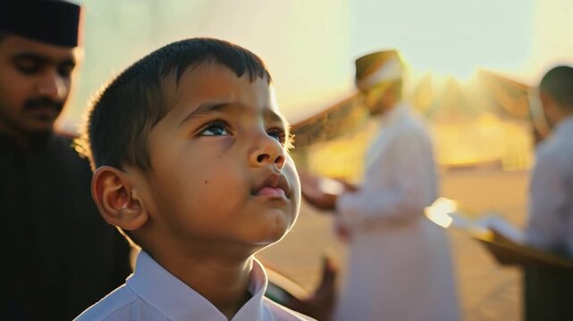 Muslim boy in a mosque, worshiping and offering prayers for Eid al-Fitr and fasting
