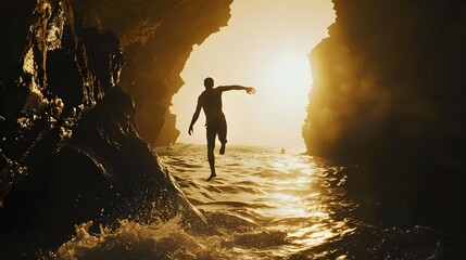 silhouette of a person in a cave