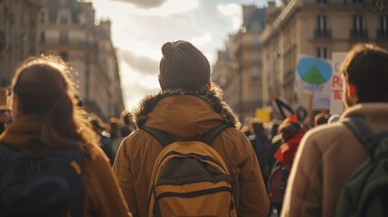 Activists holding a climate change rally in a city, demanding action