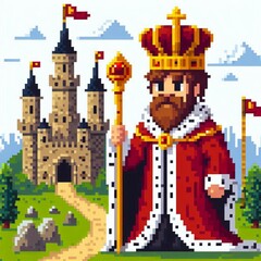 a castle with the king wearing a crown