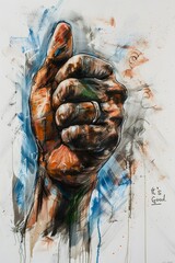 A hand with a thumb up is painted on a gray background